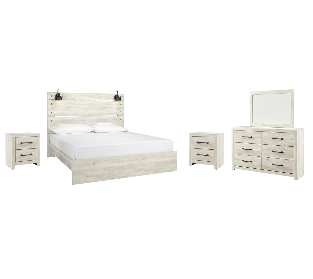Cambeck Panel Bed Set - King, Mirrored Dresser and 2 Nightstands
