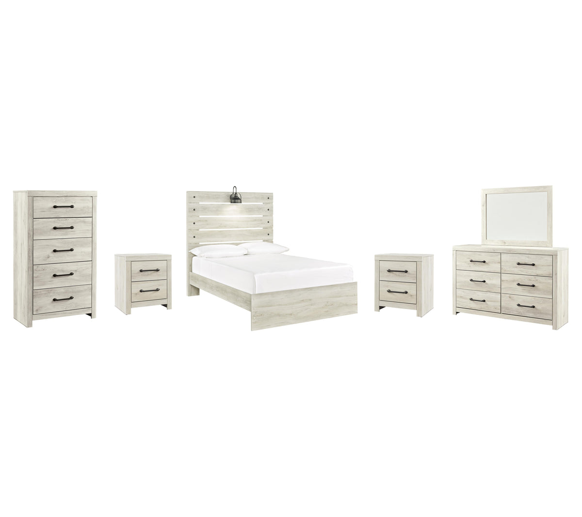 Cambeck Panel Bed Set - Full, Mirrored Dresser, Chest and 2 Nightstands