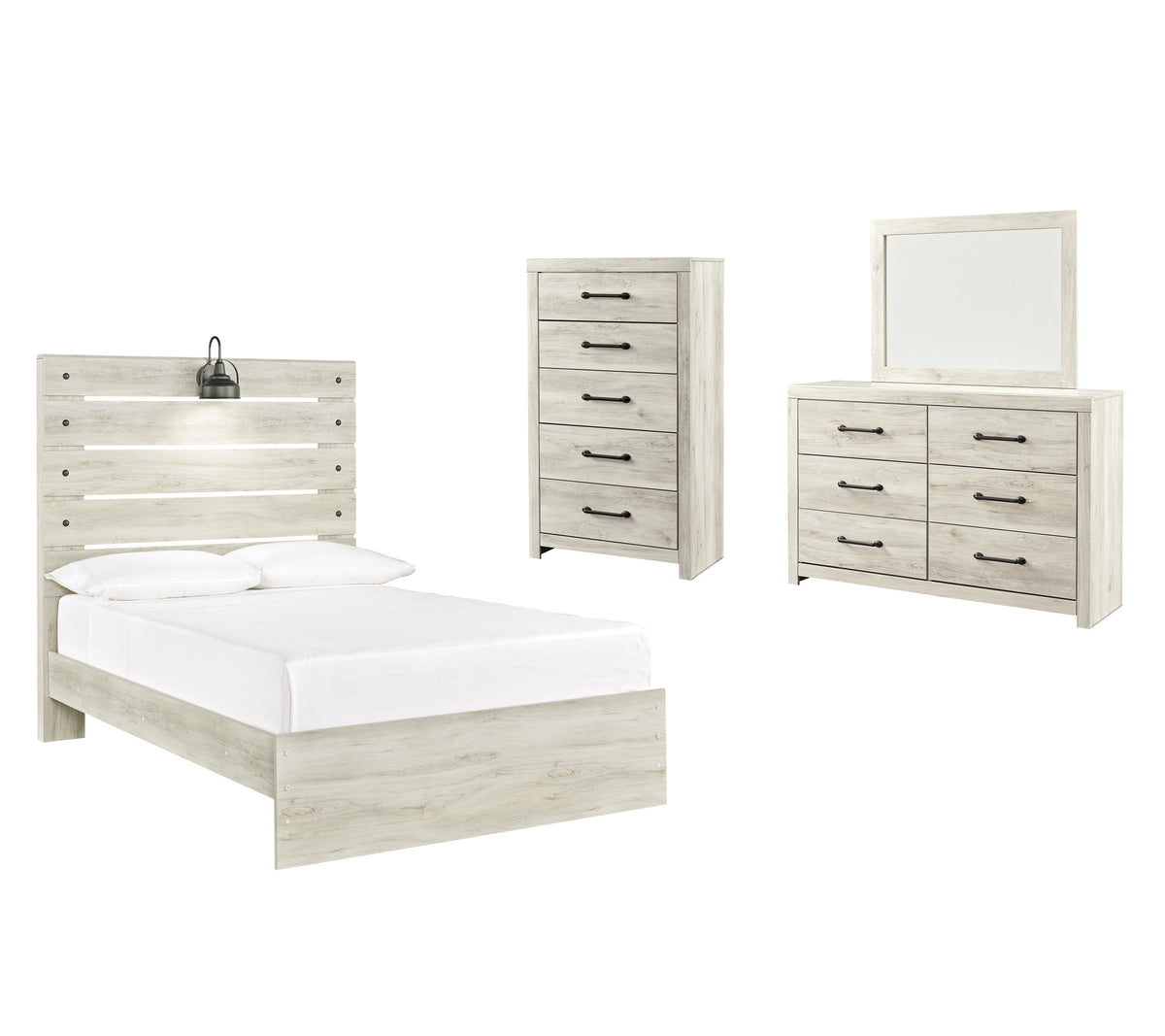 Cambeck Panel Bed Set - Full, Mirrored Dresser and Chest