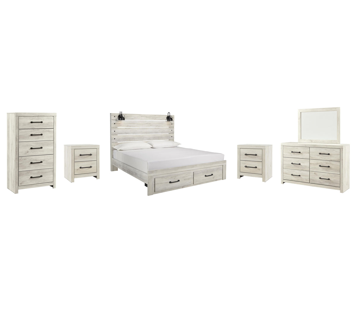 Cambeck King Panel Bed with 2 Storage Drawers with Mirrored Dresser, Chest and 2 Nightstands