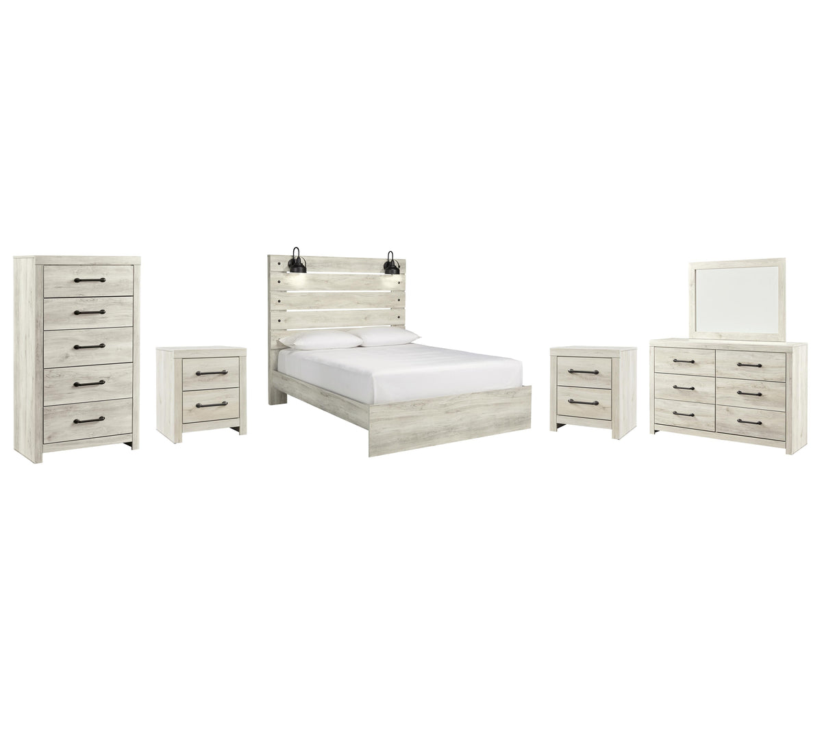 Cambeck Panel Bed Set - Queen, Mirrored Dresser, Chest and 2 Nightstands