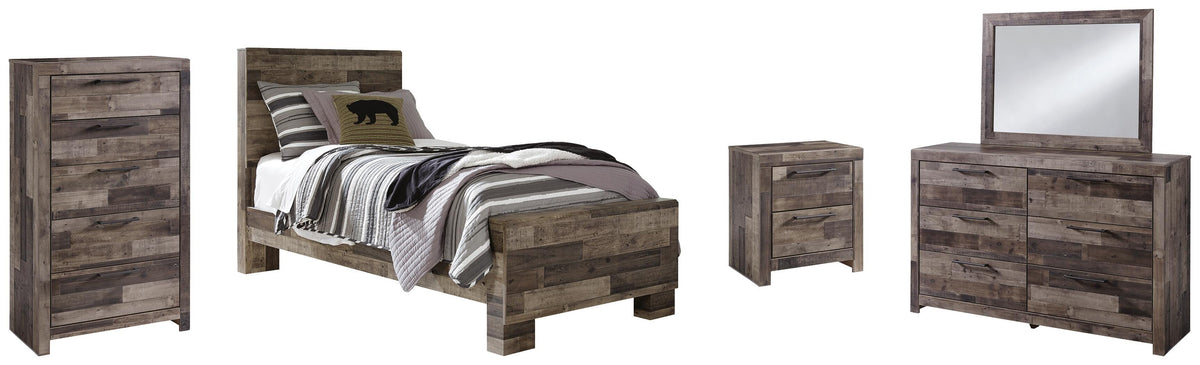 Derekson Panel Bed Set - Twin, Mirrored Dresser, Chest and Nightstand