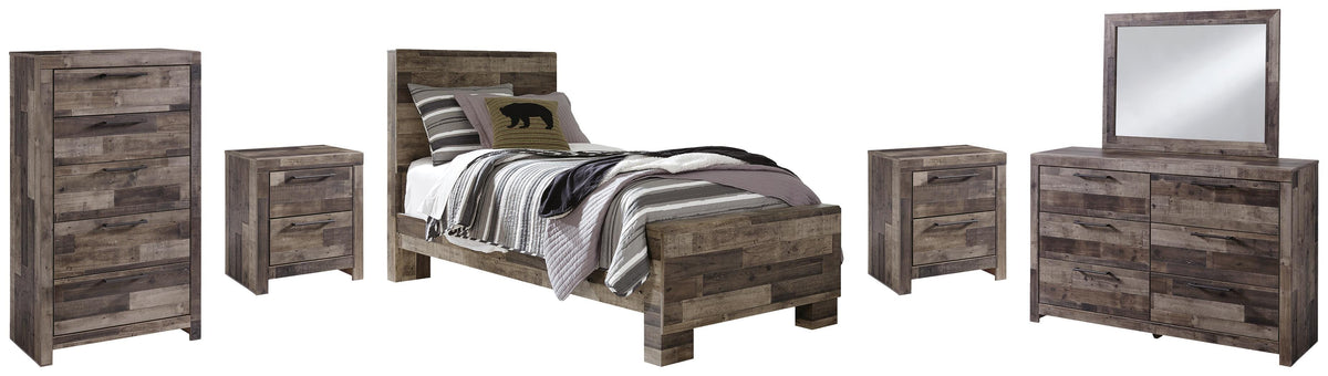 Derekson Panel Bed Set - Twin, Mirrored Dresser, Chest and 2 Nightstands