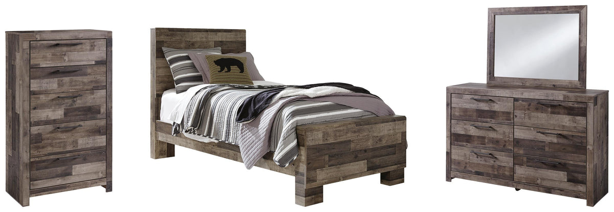 Derekson Panel Bed Set - Twin, Mirrored Dresser and Chest