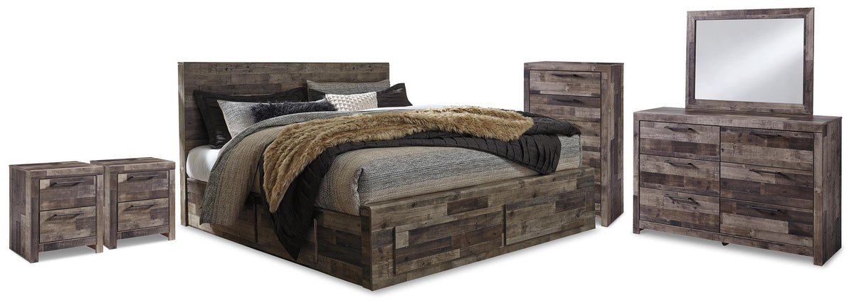 Derekson King Panel Storage Bed, Dresser, Mirror, Chest and 2 Nightstands