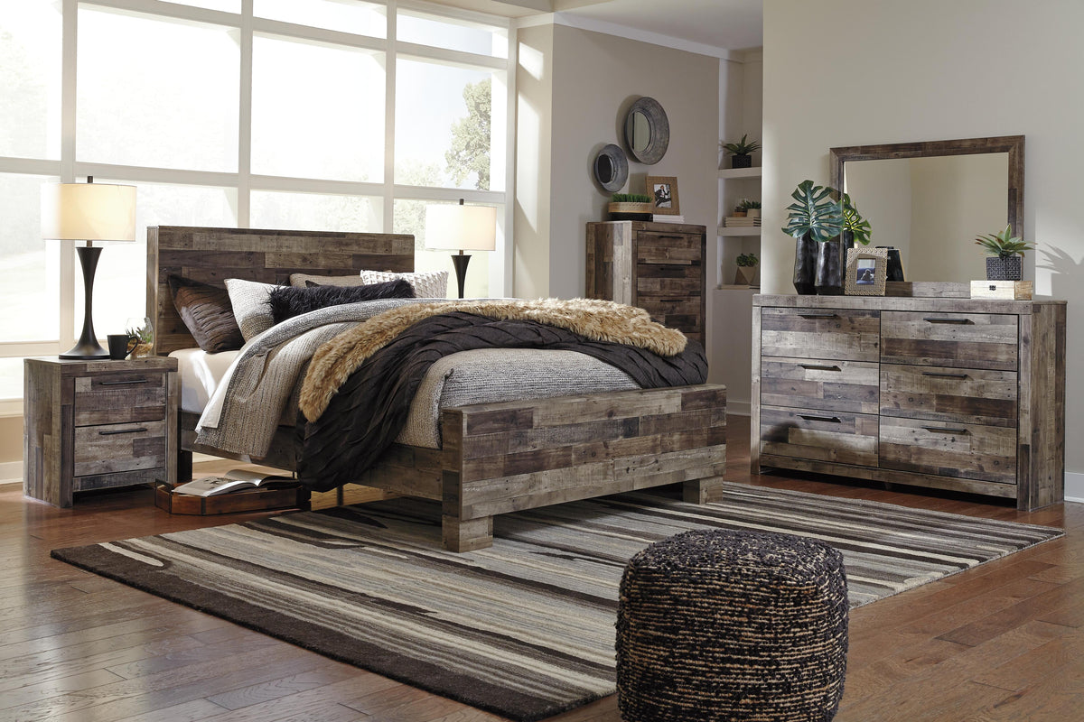 Derekson Panel Bed Set - Queen, Mirrored Dresser, Chest and Nightstand