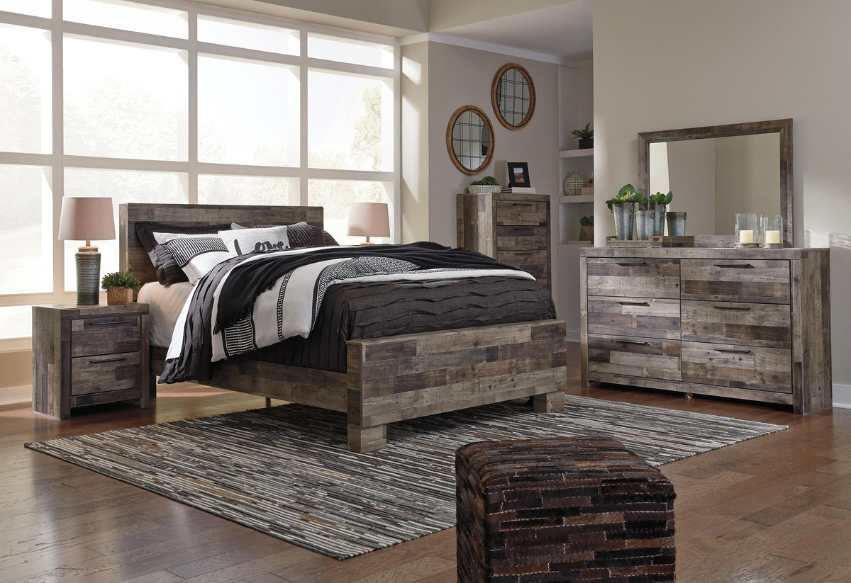 Derekson Panel Bed Set - Queen, Mirrored Dresser, Chest and Nightstand