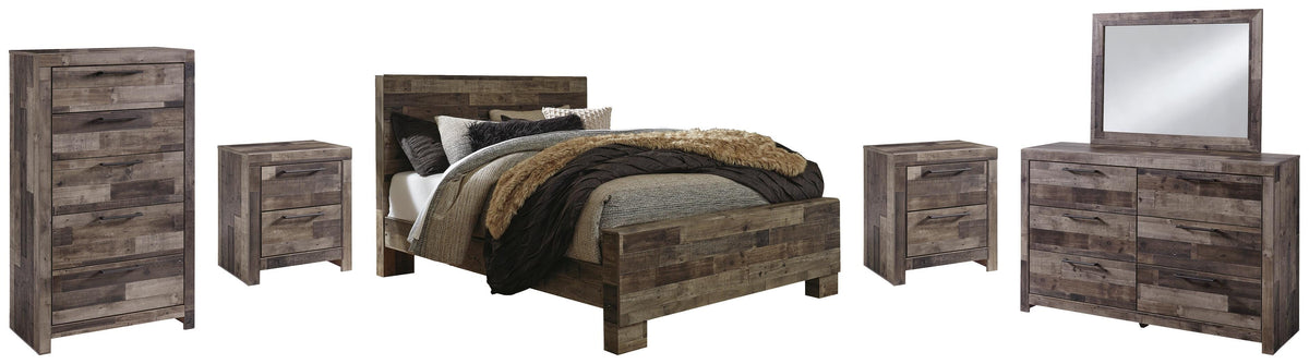 Derekson Panel Bed Set - Queen, Mirrored Dresser, Chest and 2 Nightstands