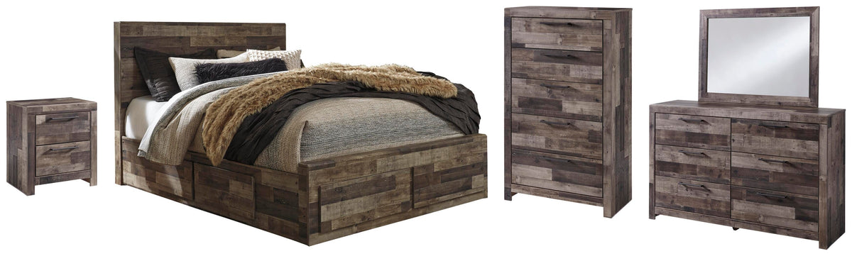 Derekson Panel Bed with 6 Storage Drawers Set - Queen, Mirrored Dresser, Chest and Nightstand