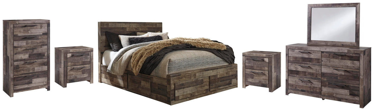Derekson Panel Bed with 6 Storage Drawers Set - Queen, Mirrored Dresser, Chest and 2 Nightstands