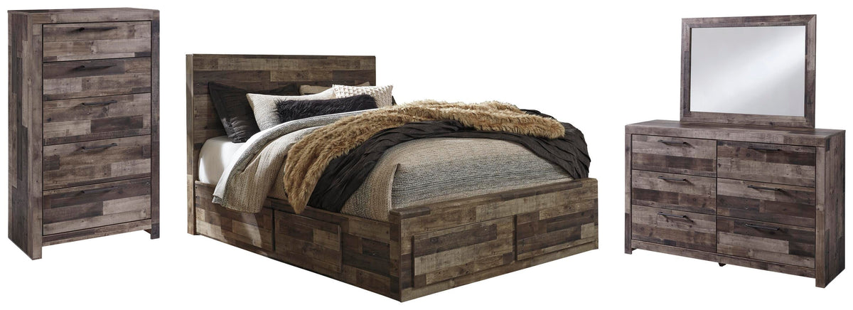 Derekson Panel Bed with 6 Storage Drawers Set - Queen, Mirrored Dresser and Chest