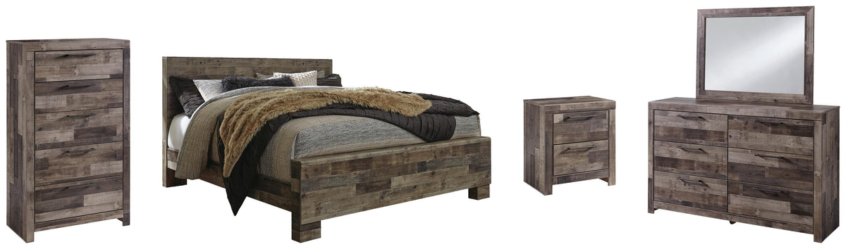 Derekson Panel Bed Set - King, Mirrored Dresser, Chest and Nightstand