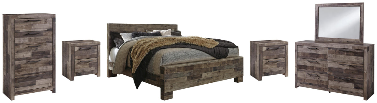 Derekson Panel Bed Set - King, Mirrored Dresser, Chest and 2 Nightstands