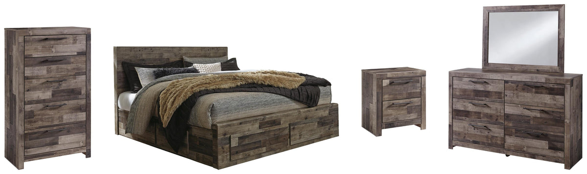 Derekson Panel Bed with 6 Storage Drawers Set - King, Mirrored Dresser, Chest and Nightstand
