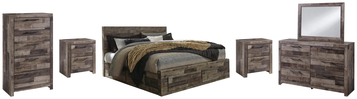 Derekson Panel Bed with 6 Storage Drawers Set - King, Mirrored Dresser, Chest and 2 Nightstands