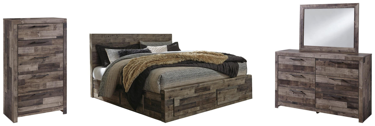 Derekson Panel Bed with 6 Storage Drawers Set - King, Mirrored Dresser and Chest