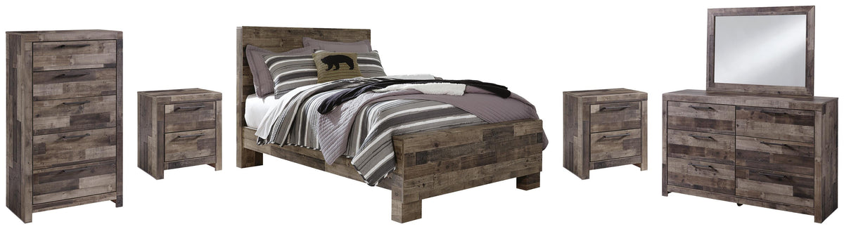 Derekson Panel Bed Set - Full, Mirrored Dresser, Chest and 2 Nightstands
