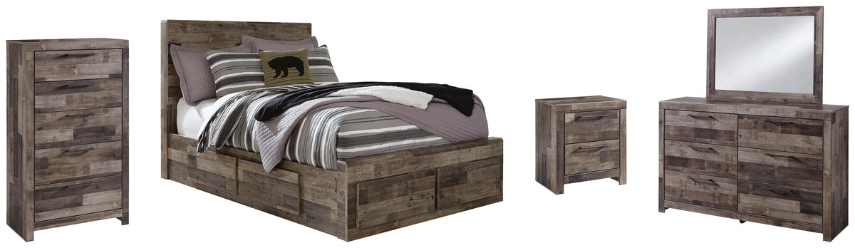 Derekson Panel Bed with 6 Storage Drawers Set - Full, Mirrored Dresser, Chest and Nightstand