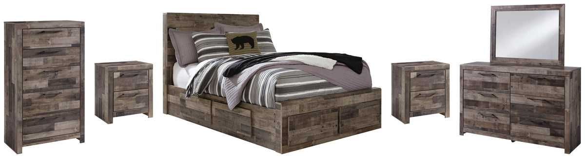 Derekson Panel Bed with 6 Storage Drawers Set - Full, Mirrored Dresser, Chest and 2 Nightstands