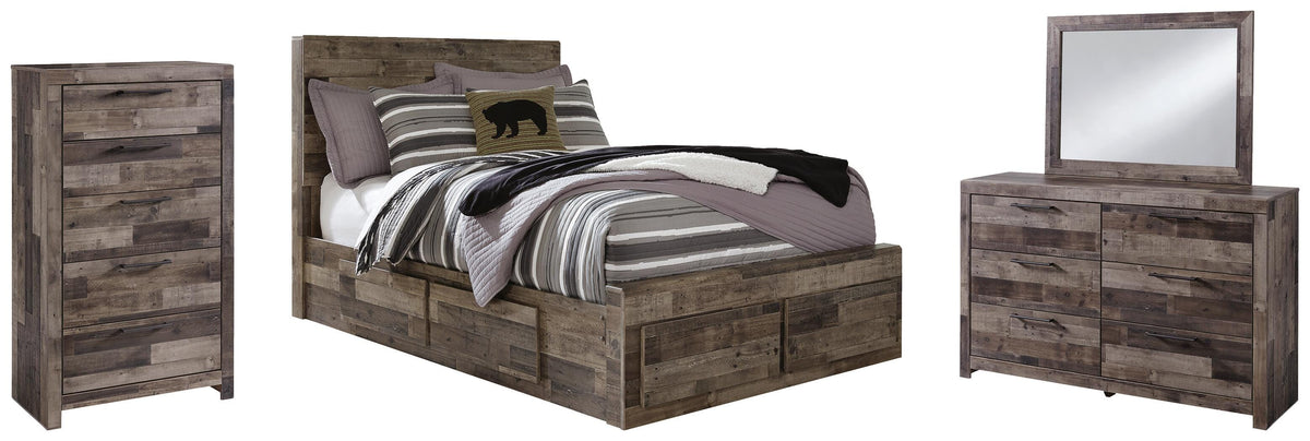 Derekson Panel Bed with 6 Storage Drawers Set - Full, Mirrored Dresser and Chest