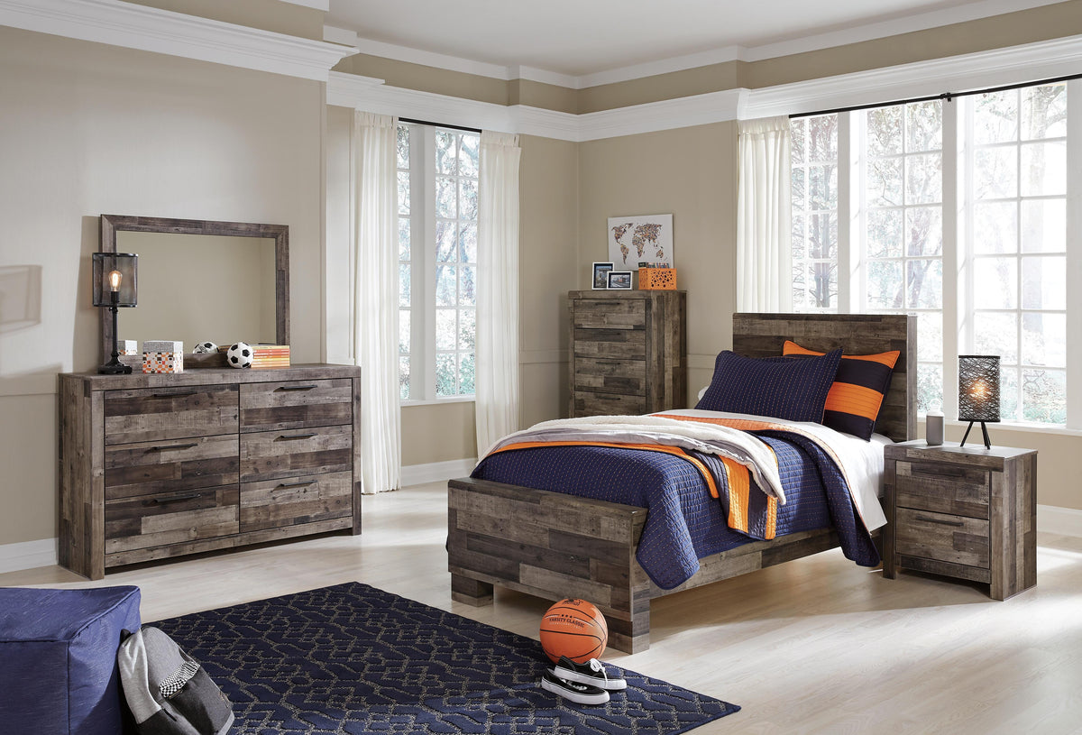 Derekson Panel Bed Set - Twin, Mirrored Dresser, Chest and Nightstand