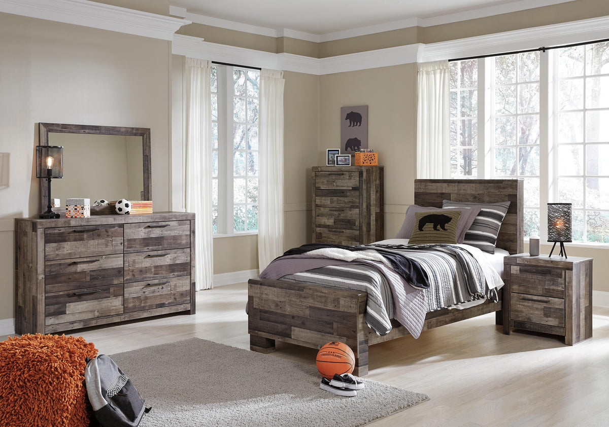 Derekson Panel Bed Set - Twin, Mirrored Dresser, Chest and Nightstand