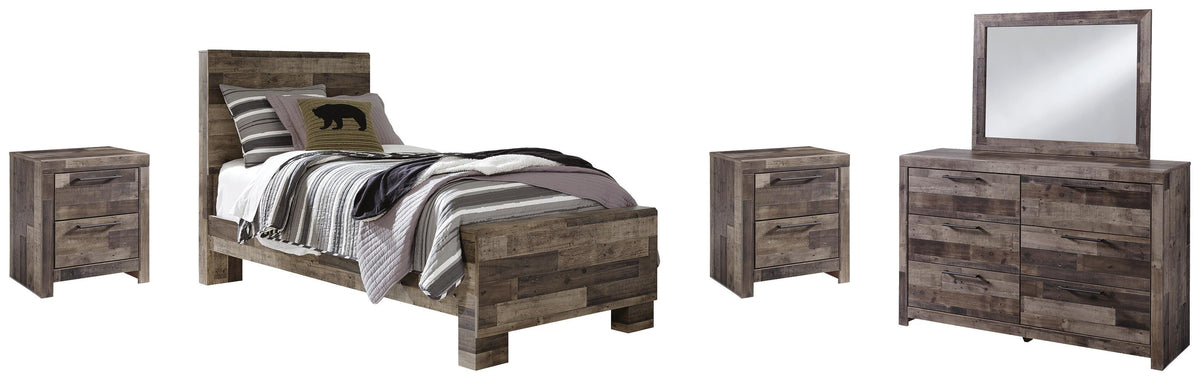 Derekson Panel Bed Set - Twin, Mirrored Dresser and 2 Nightstands