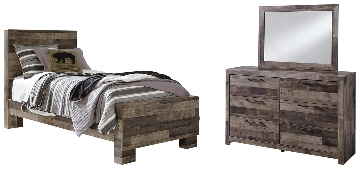 Derekson Panel Bed Set - Twin, Mirrored Dresser