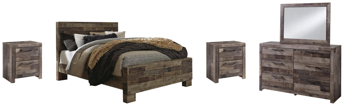 Derekson Panel Bed Set - Queen, Mirrored Dresser and 2 Nightstands