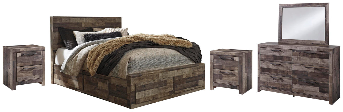 Derekson Panel Bed with 6 Storage Drawers Set - Queen, Mirrored Dresser and 2 Nightstands