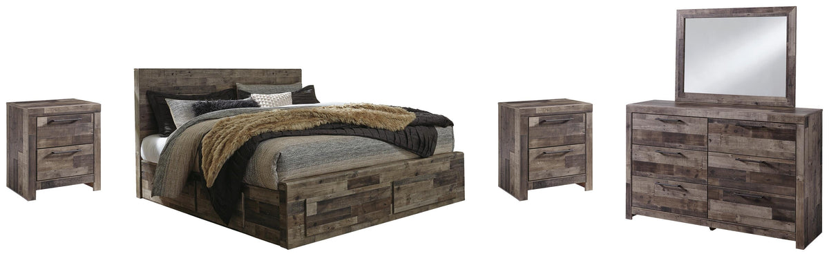 Derekson Panel Bed with 6 Storage Drawers Set - King, Mirrored Dresser and 2 Nightstands