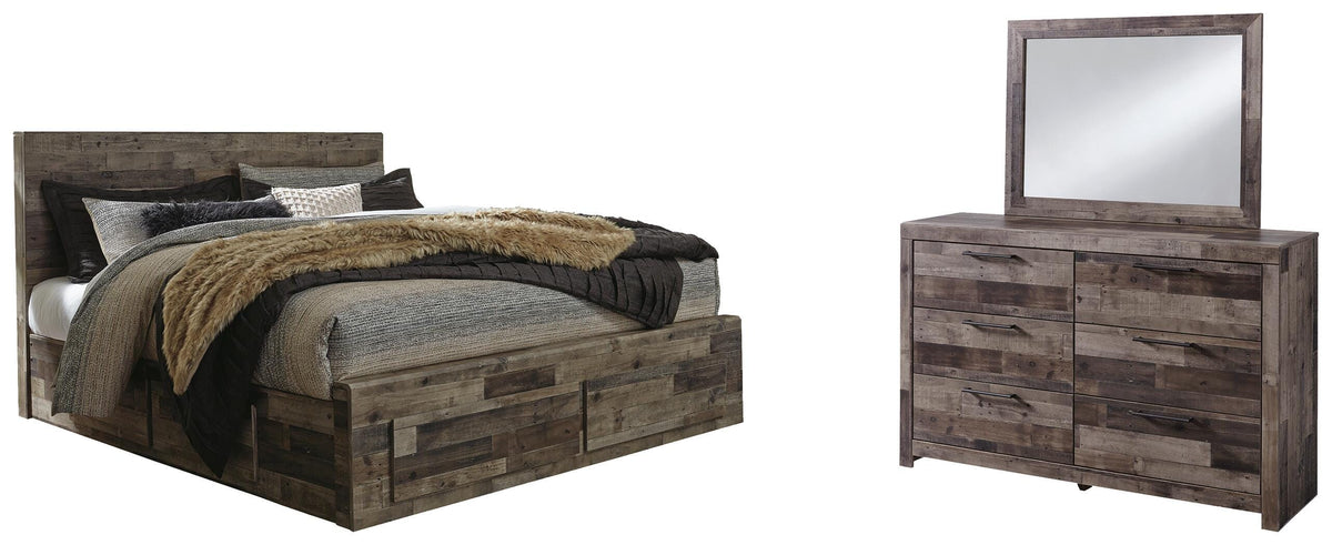 Derekson Panel Bed with 6 Storage Drawers Set - King, Mirrored Dresser