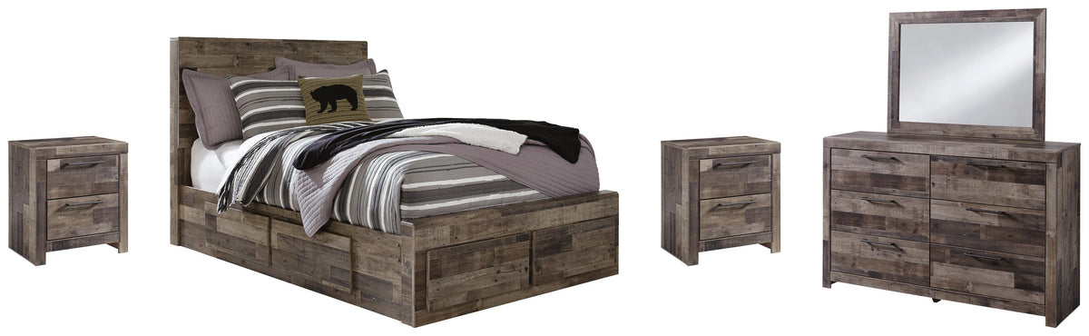 Derekson Panel Bed with 6 Storage Drawers Set - Full, Mirrored Dresser and 2 Nightstands