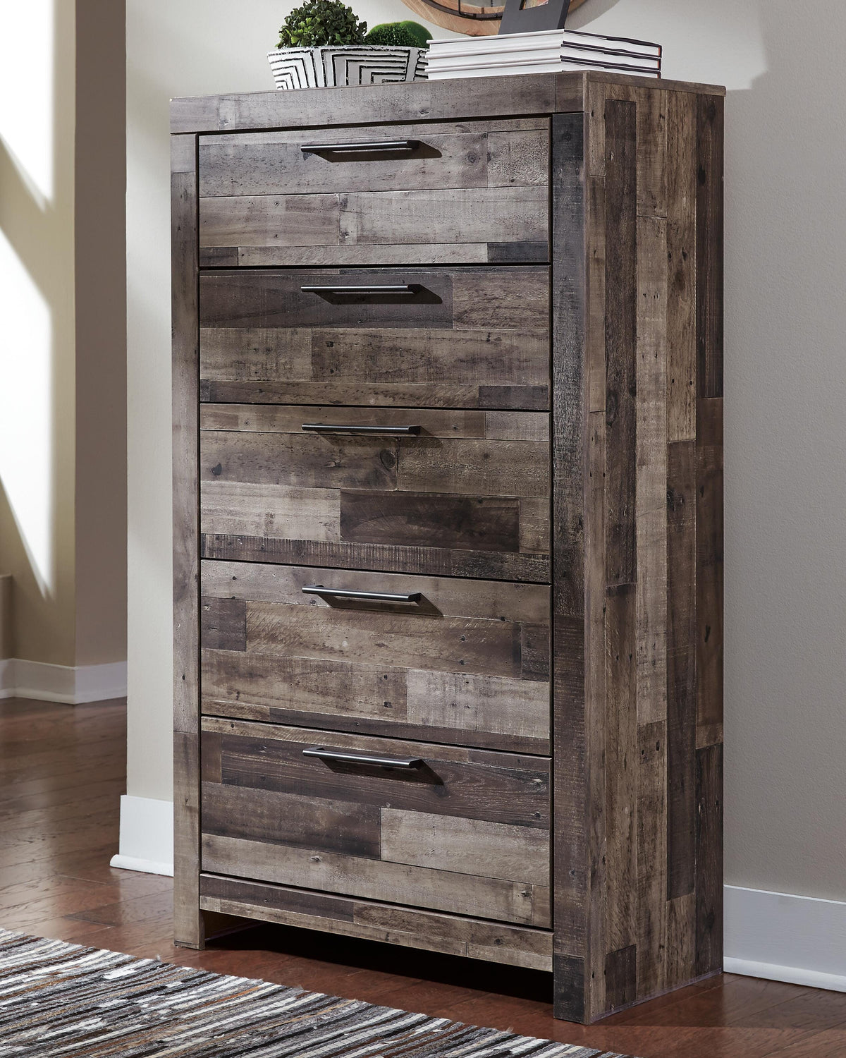 Derekson King Panel Storage Bed, Dresser, Mirror, Chest and Nightstand