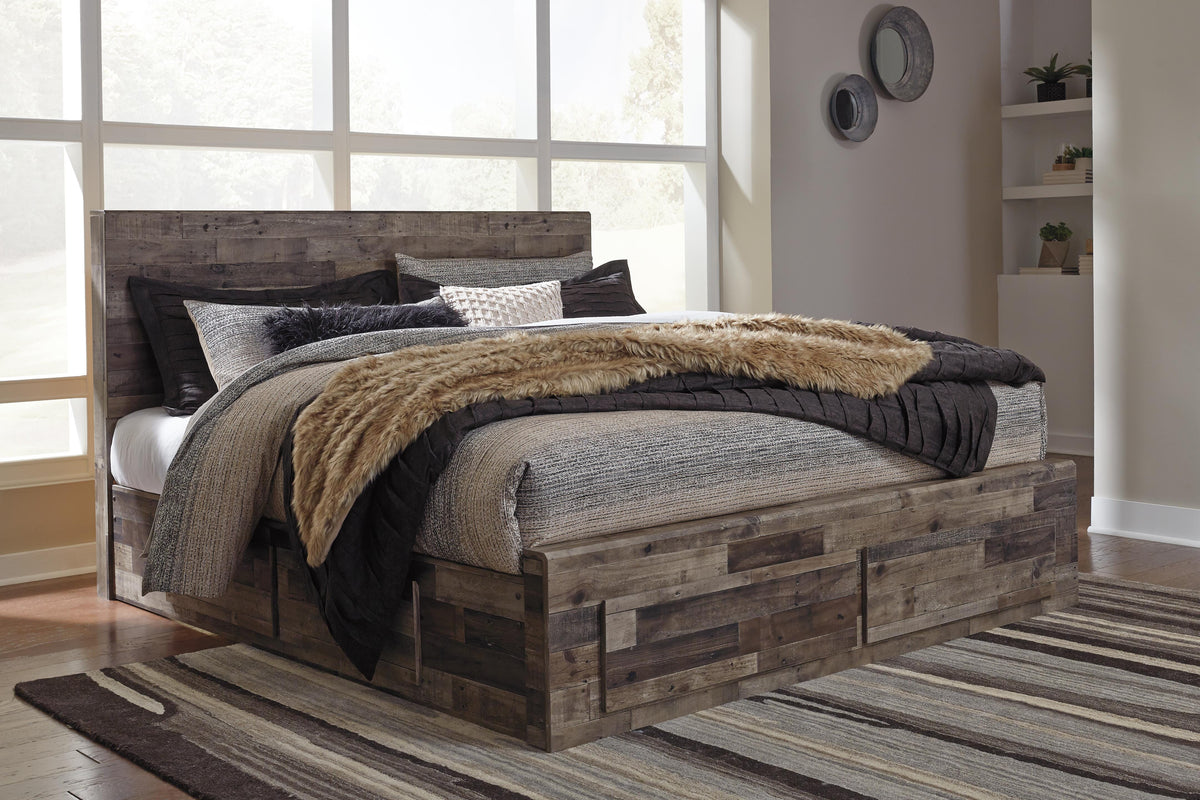 Derekson Panel Bed with 6 Storage Drawers Set - King, Mirrored Dresser and 2 Nightstands