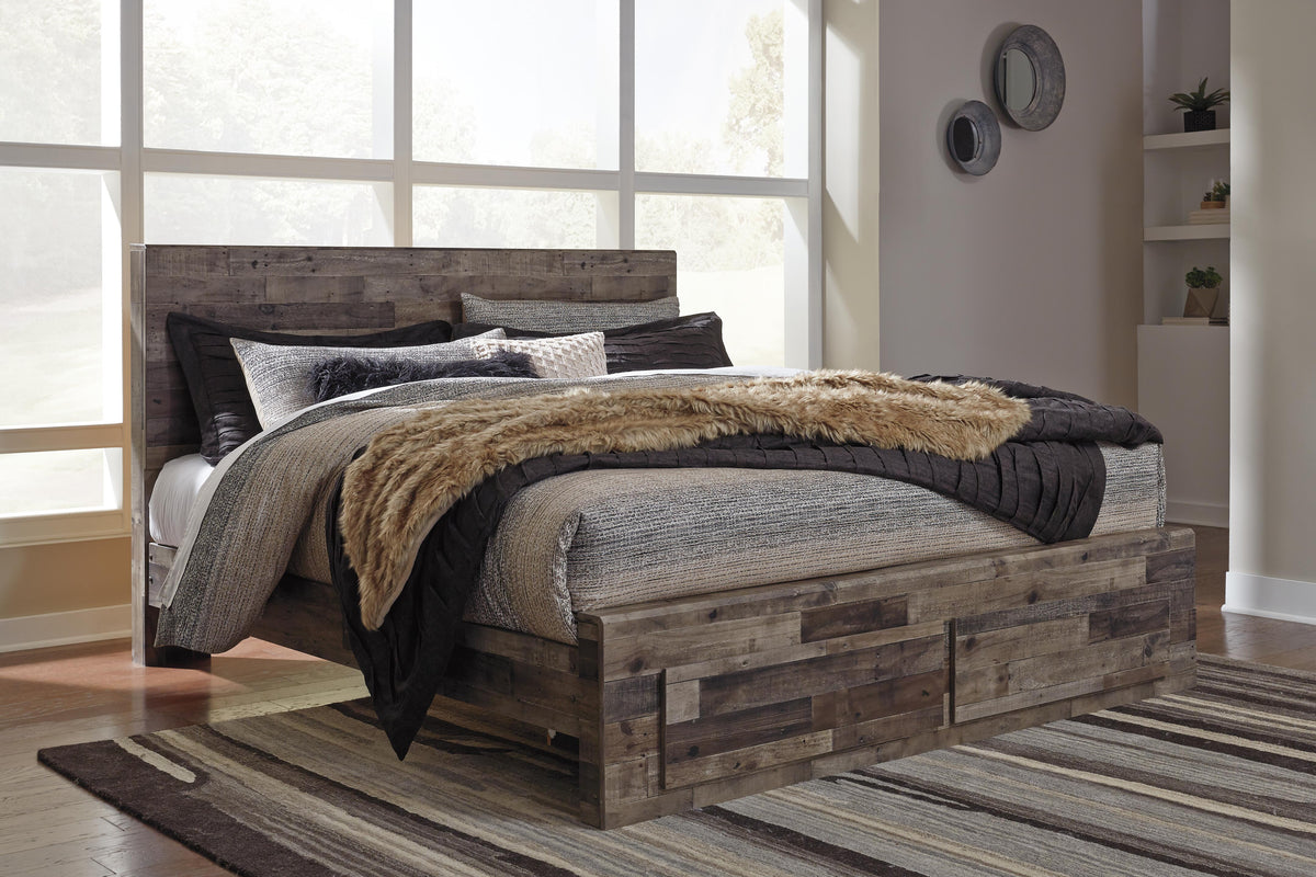 Derekson King Panel Storage Bed, Dresser, Mirror, Chest and 2 Nightstands