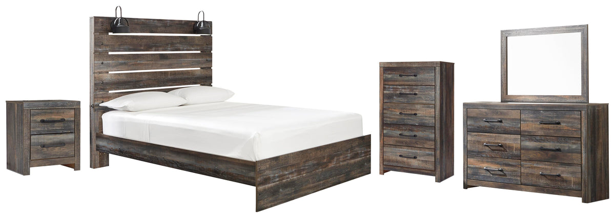 Drystan Panel Bed Set - Queen, Mirrored Dresser, Chest and Nightstand