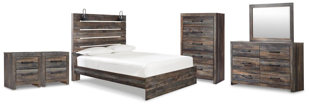 Drystan Panel Bed Set - Queen, Mirrored Dresser, Chest and 2 Nightstands
