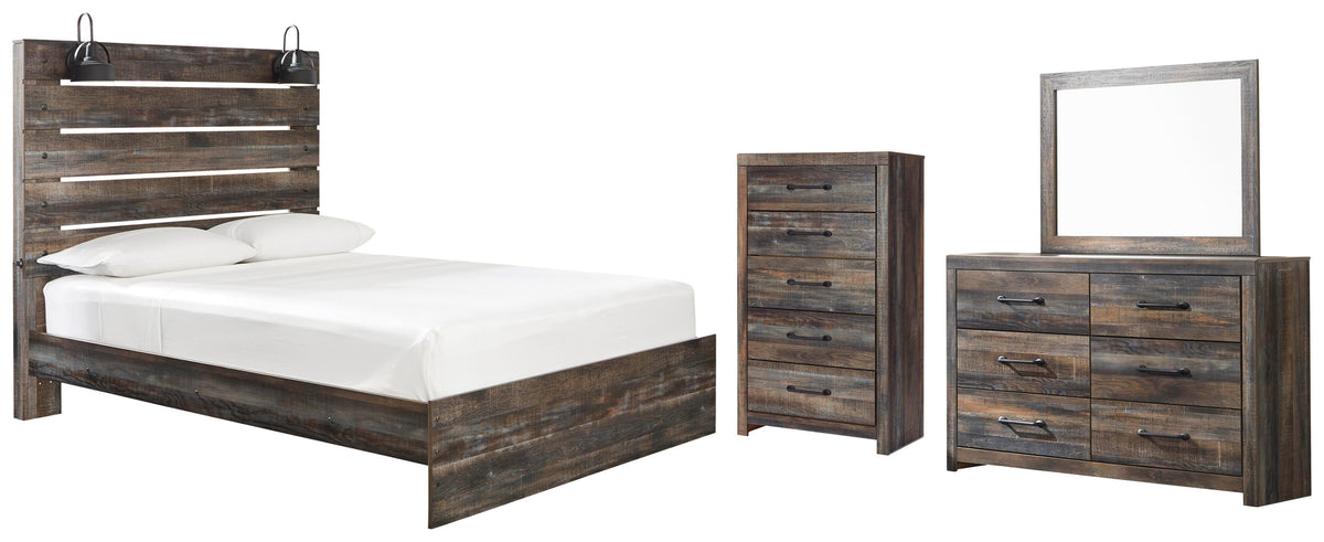 Drystan Panel Bed Set - Queen, Mirrored Dresser and Chest