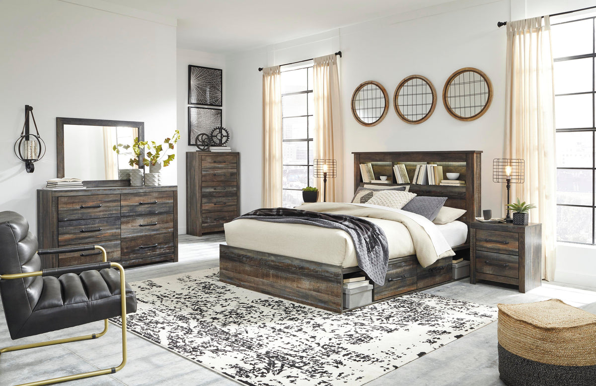 Drystan Bookcase Bed with 4 Storage Drawers Set - Queen, Dresser, Mirror, Chest and 2 Nightstands
