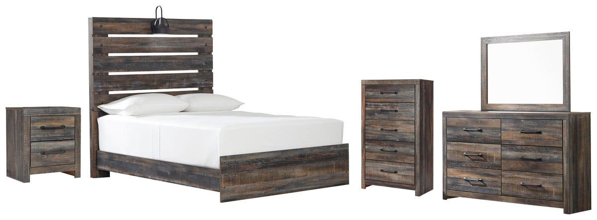 Drystan Panel Bed Set - Full, Mirrored Dresser, Chest and Nightstand