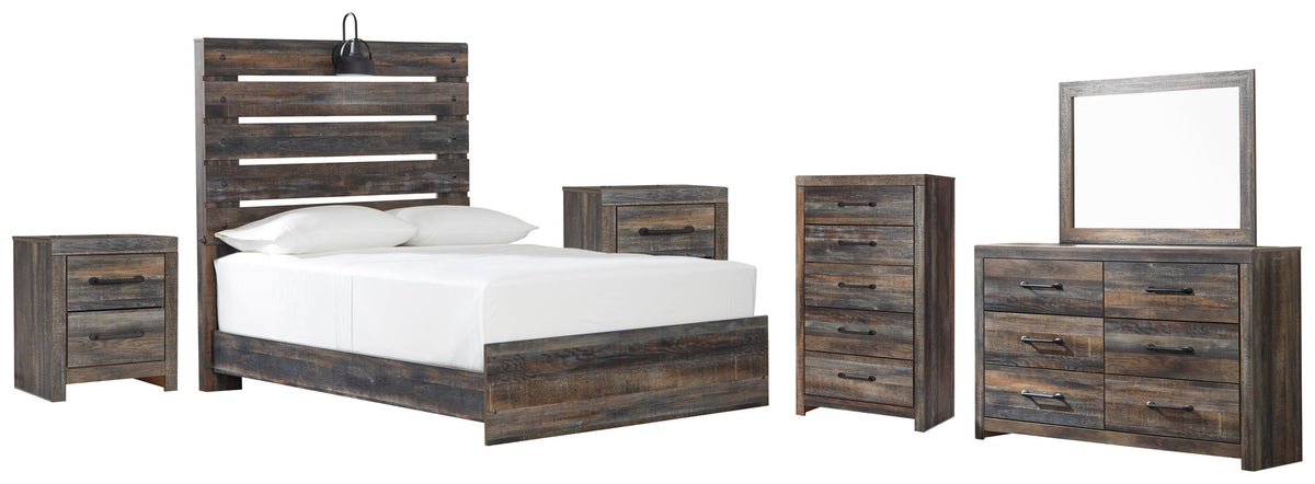 Drystan Panel Bed Set - Full, Mirrored Dresser, Chest and 2 Nightstands