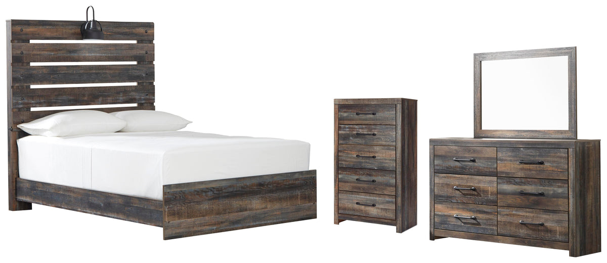 Drystan Panel Bed Set - Full, Mirrored Dresser and Chest