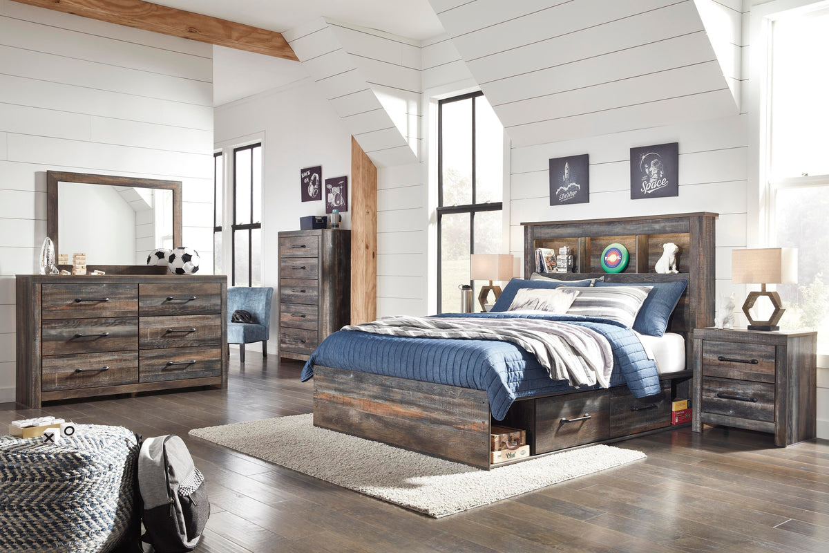 Drystan Full Bookcase Bed with 2 sided Storage, Dresser and Nightstand