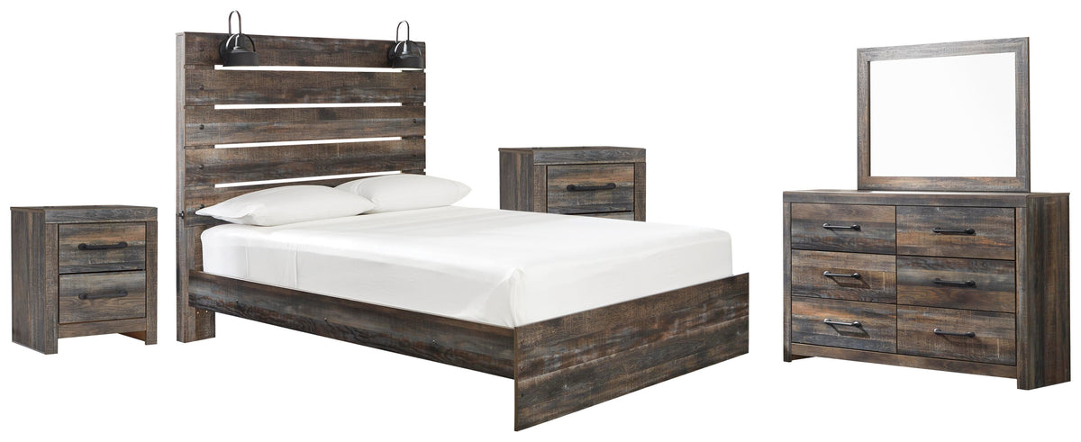 Drystan Panel Bed Set - Queen, Mirrored Dresser and 2 Nightstands