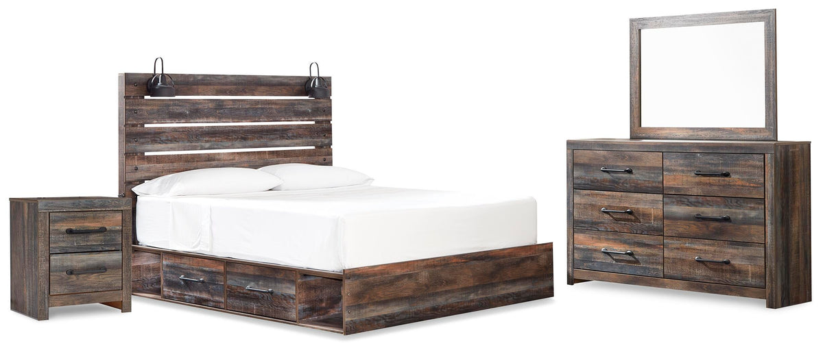 Drystan Queen Panel Bed with Storage, Dresser and Mirror