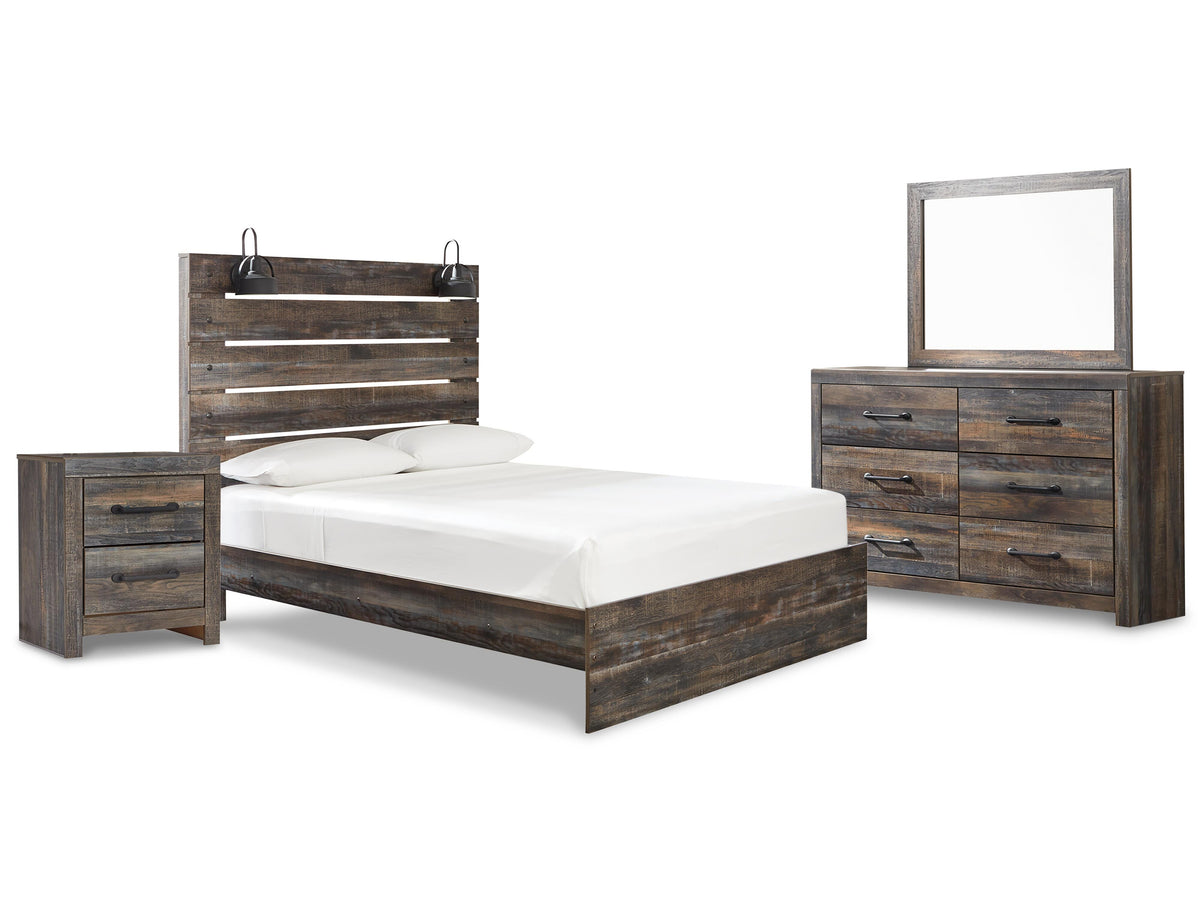 Drystan Panel Bed Set - Queen, Mirrored Dresser and Nightstand