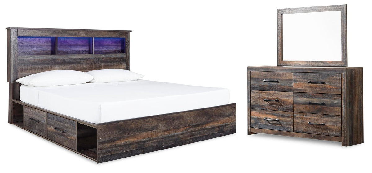 Drystan Bookcase Bed with 4 Storage Drawers Set - King, Mirrored Dresser