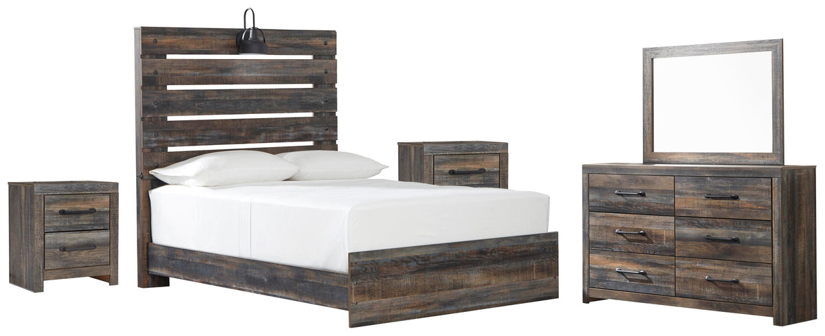 Drystan Panel Bed Set - Full, Mirrored Dresser and 2 Nightstands