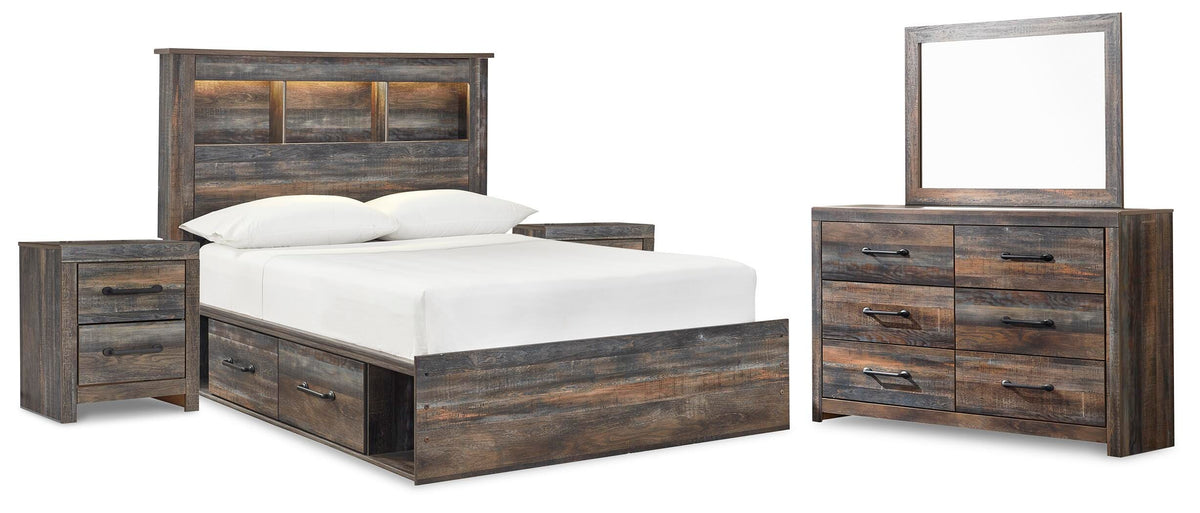 Drystan Bookcase Bed with 4 Storage Drawers Set - Full, Mirrored Dresser and 2 Nightstands